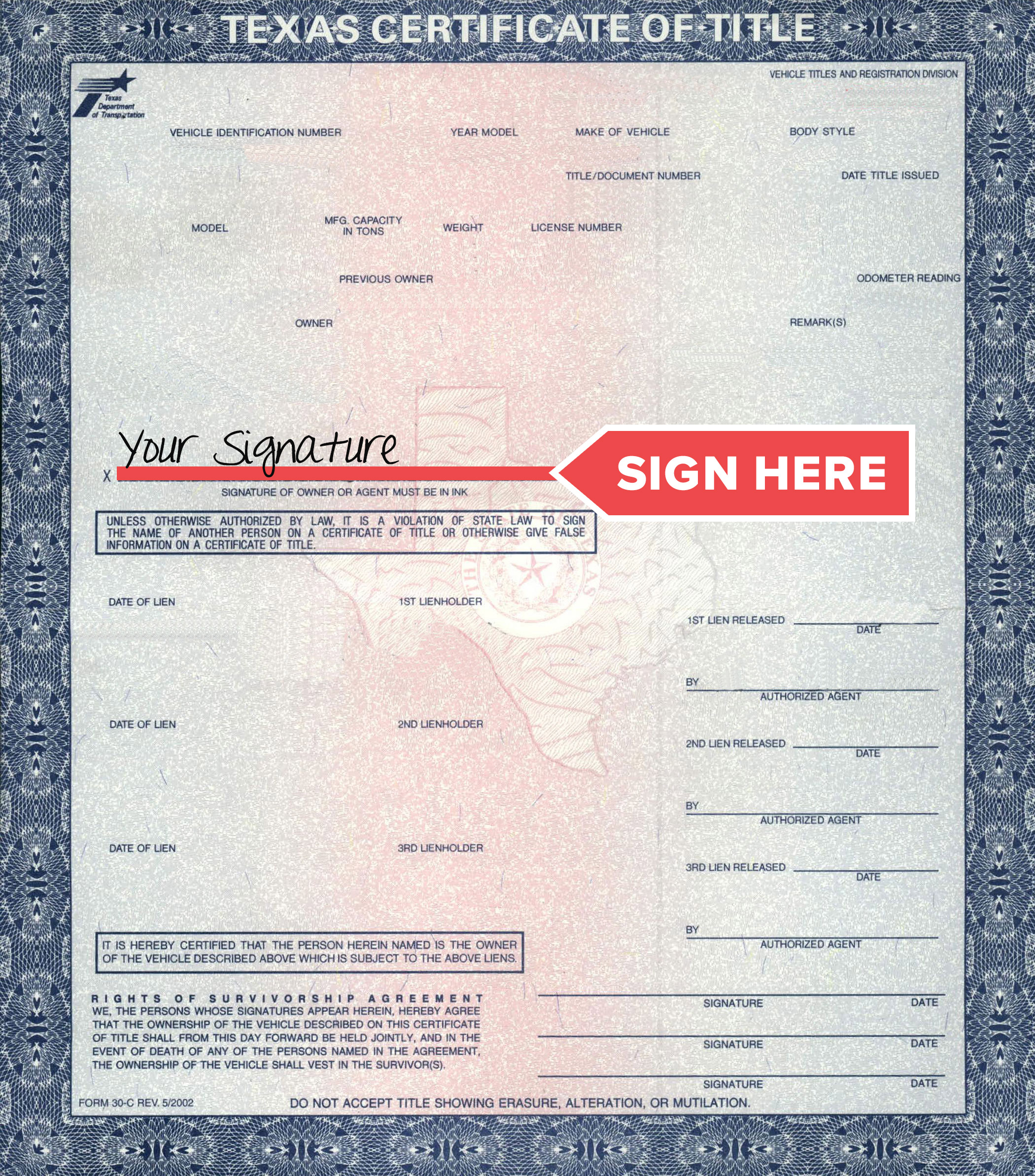 texas certificate of title signature on front